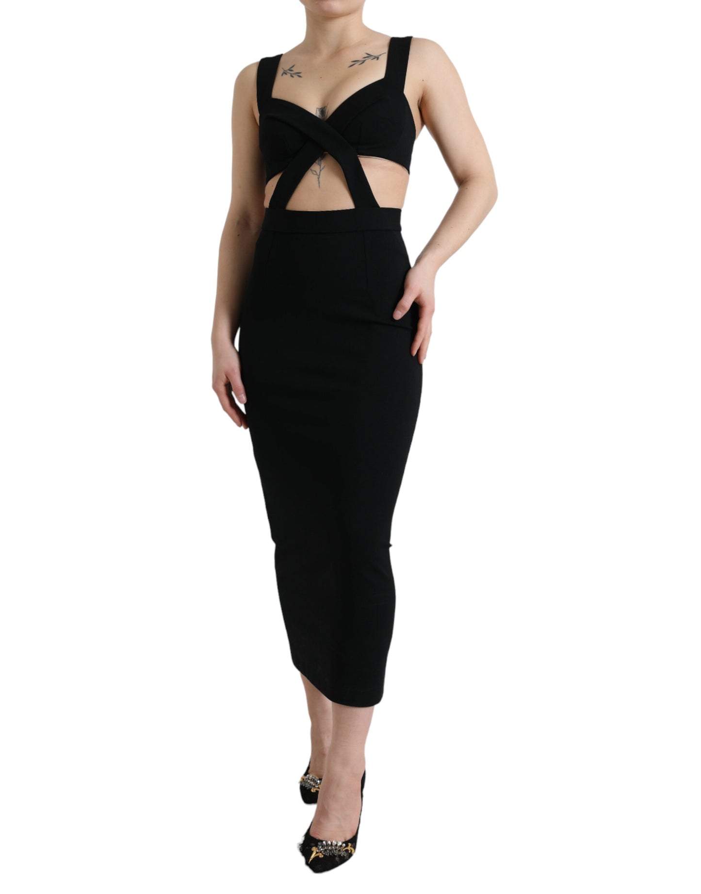 Dolce & Gabbana Svart Ärmlös Bodycon Midiklänning med Utskurna Klänningar