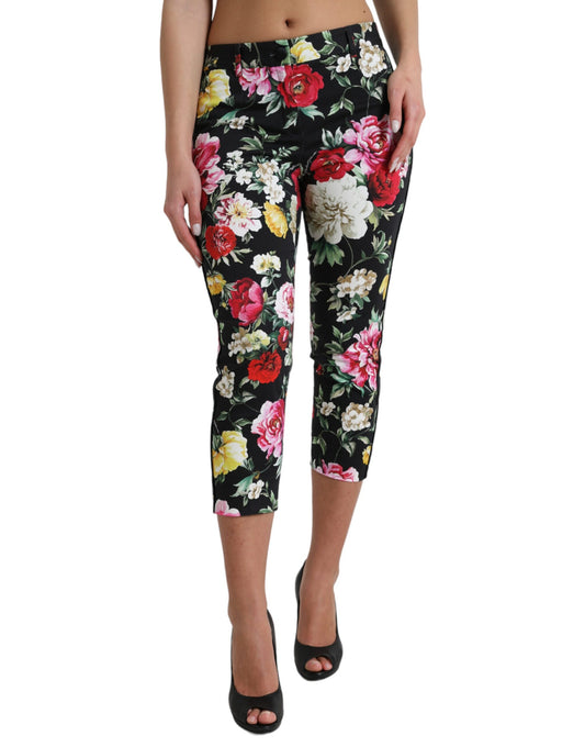 Dolce & Gabbana Svarta Blommiga Byxor Med Mellanhög Midja