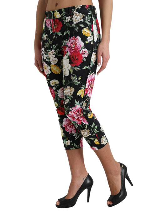 Dolce & Gabbana Svarta Blommiga Byxor Med Mellanhög Midja