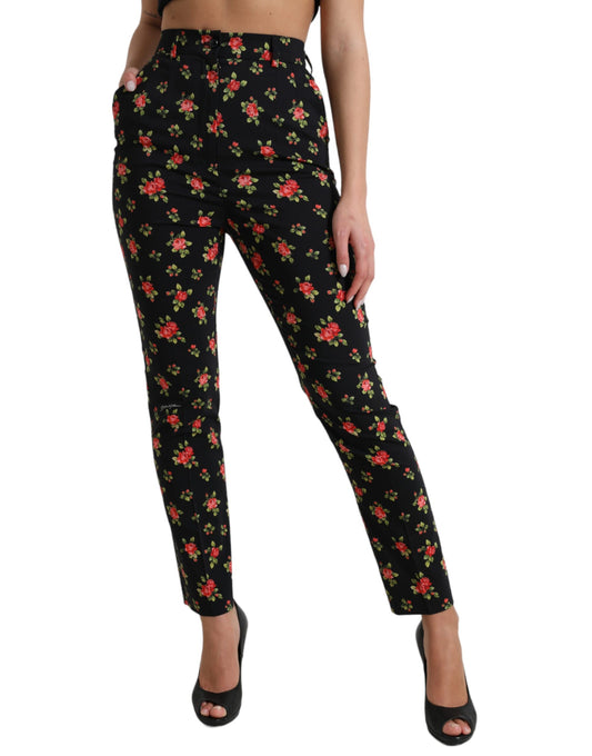 Dolce & Gabbana Svarta Blommiga Ullbyxor Med Hög Midja Och Avsmalnande Mönster