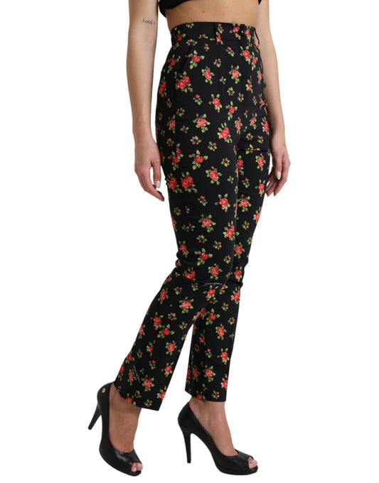 Dolce & Gabbana Svarta Blommiga Ullbyxor Med Hög Midja Och Avsmalnande Mönster
