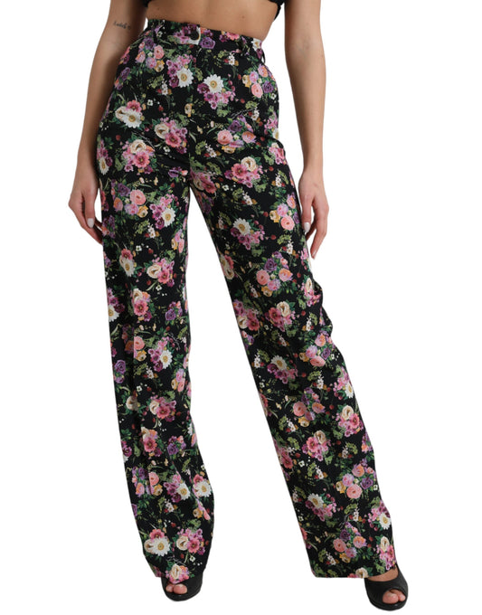 Dolce & Gabbana Svarta Blommiga Ullbyxor med Hög Midja och Vida Ben