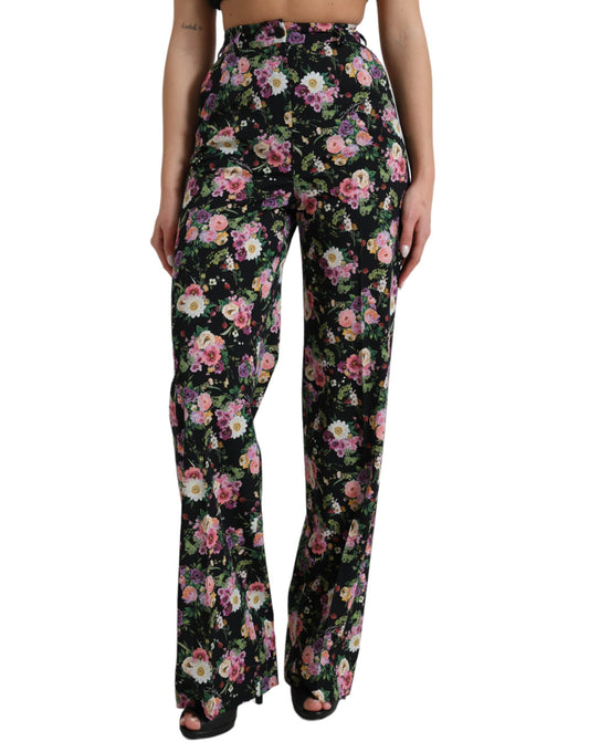 Dolce & Gabbana Svarta Blommiga Ullbyxor med Hög Midja och Vida Ben