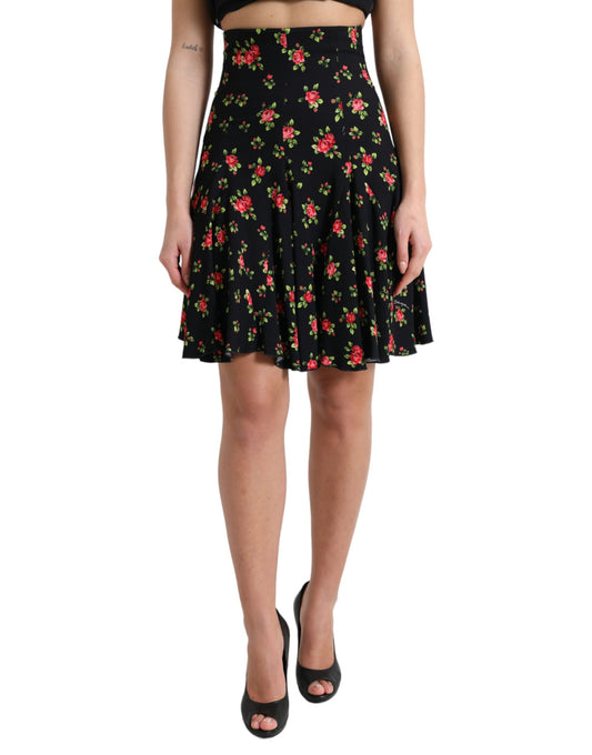 Dolce & Gabbana Svart rosmönstrad A-linjekjol med hög midja