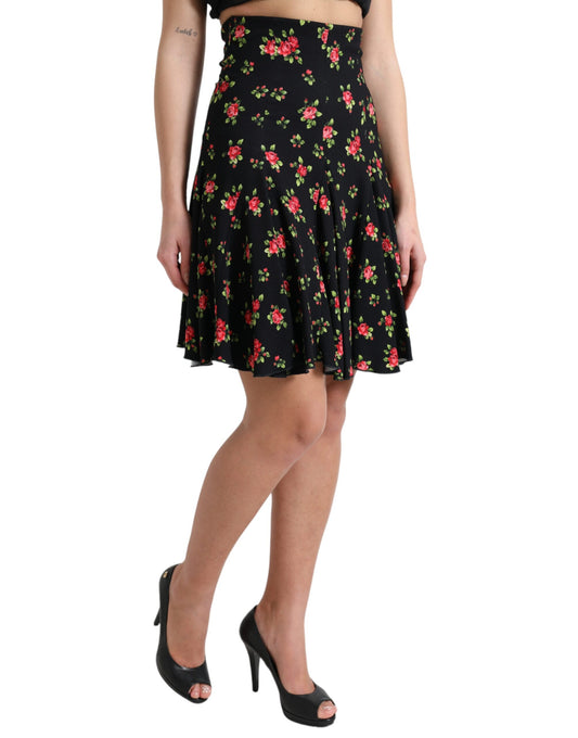 Dolce & Gabbana Svart rosmönstrad A-linjekjol med hög midja