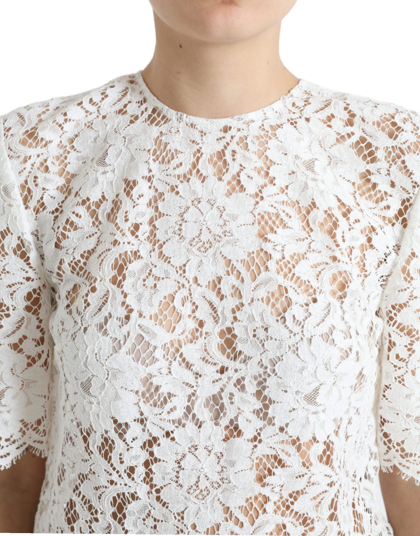 Dolce & Gabbana Vit Blommig Spets Bomullsblus Rund Halsad