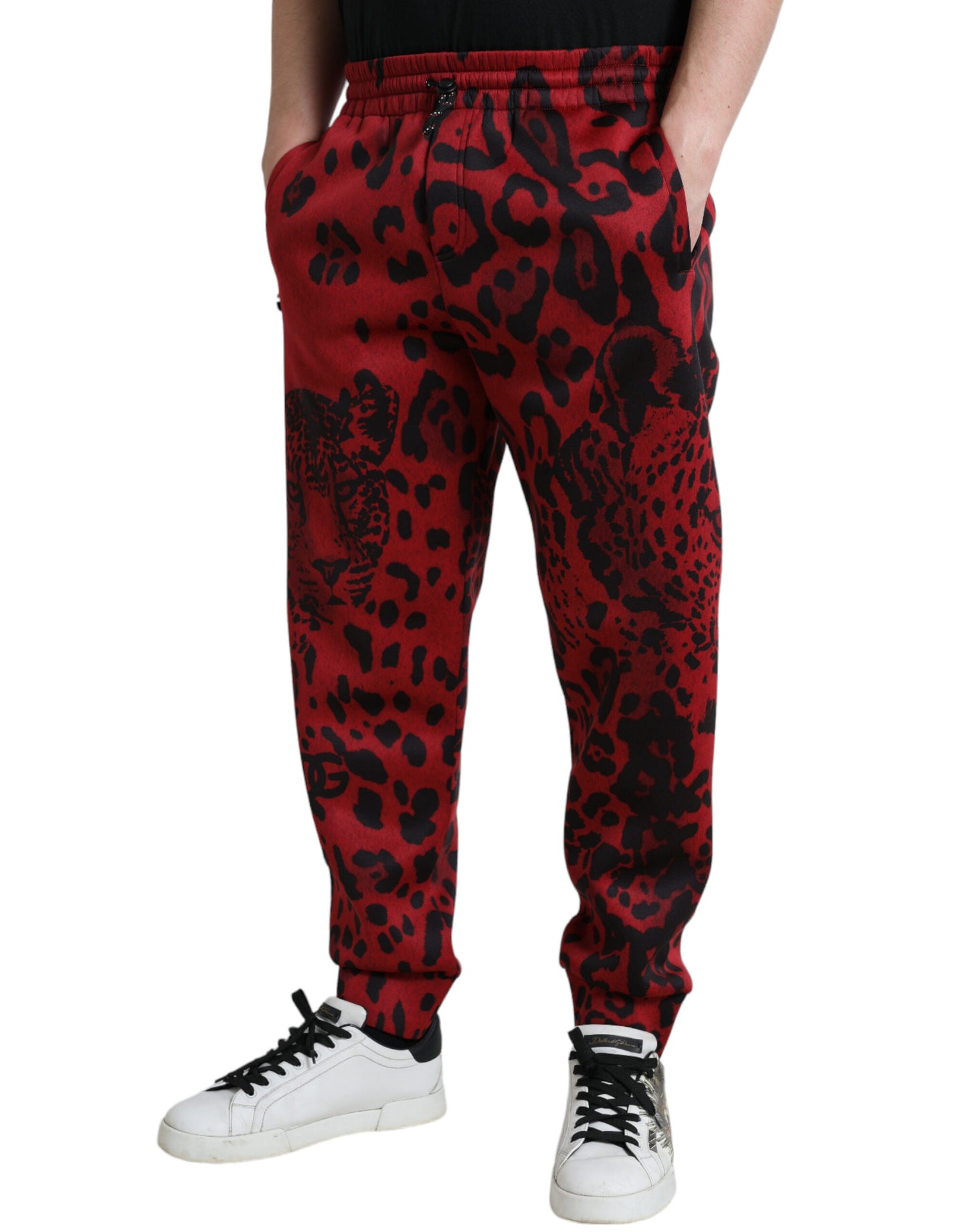 Dolce & Gabbana Röda Svarta Leopard Stretchiga Joggingbyxor