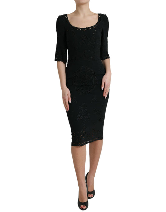 Dolce & Gabbana Svart Blommig Spets Viskos Bodycon Midiklänning