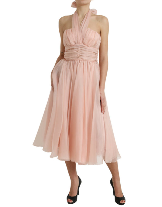 Dolce & Gabbana Rosa Sidenchiffong Halter A-linje Plisserad Midiklänning