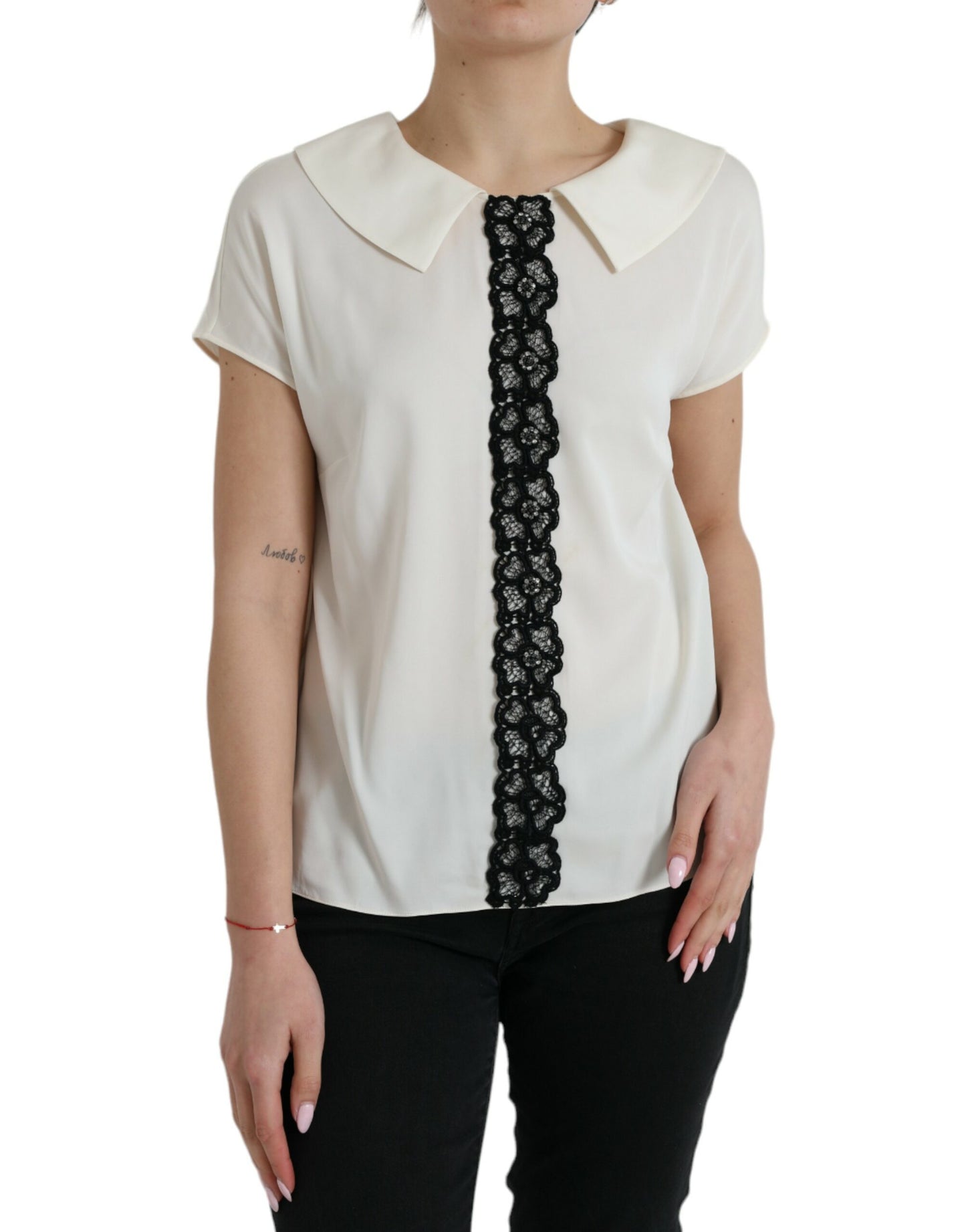 Dolce & Gabbana Off White Sidentopp med Spetskant och Korta Ärmar