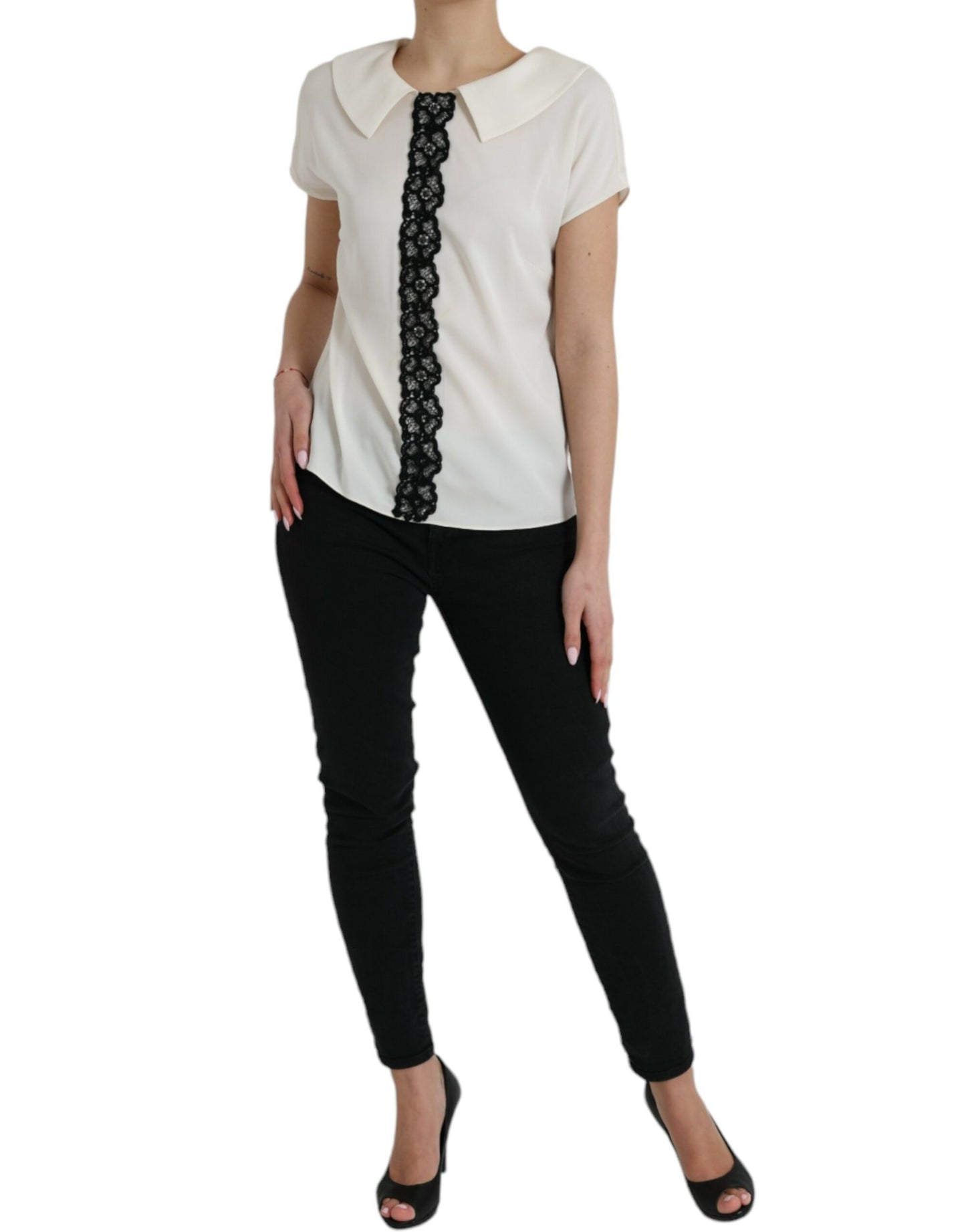 Dolce & Gabbana Off White Sidentopp med Spetskant och Korta Ärmar