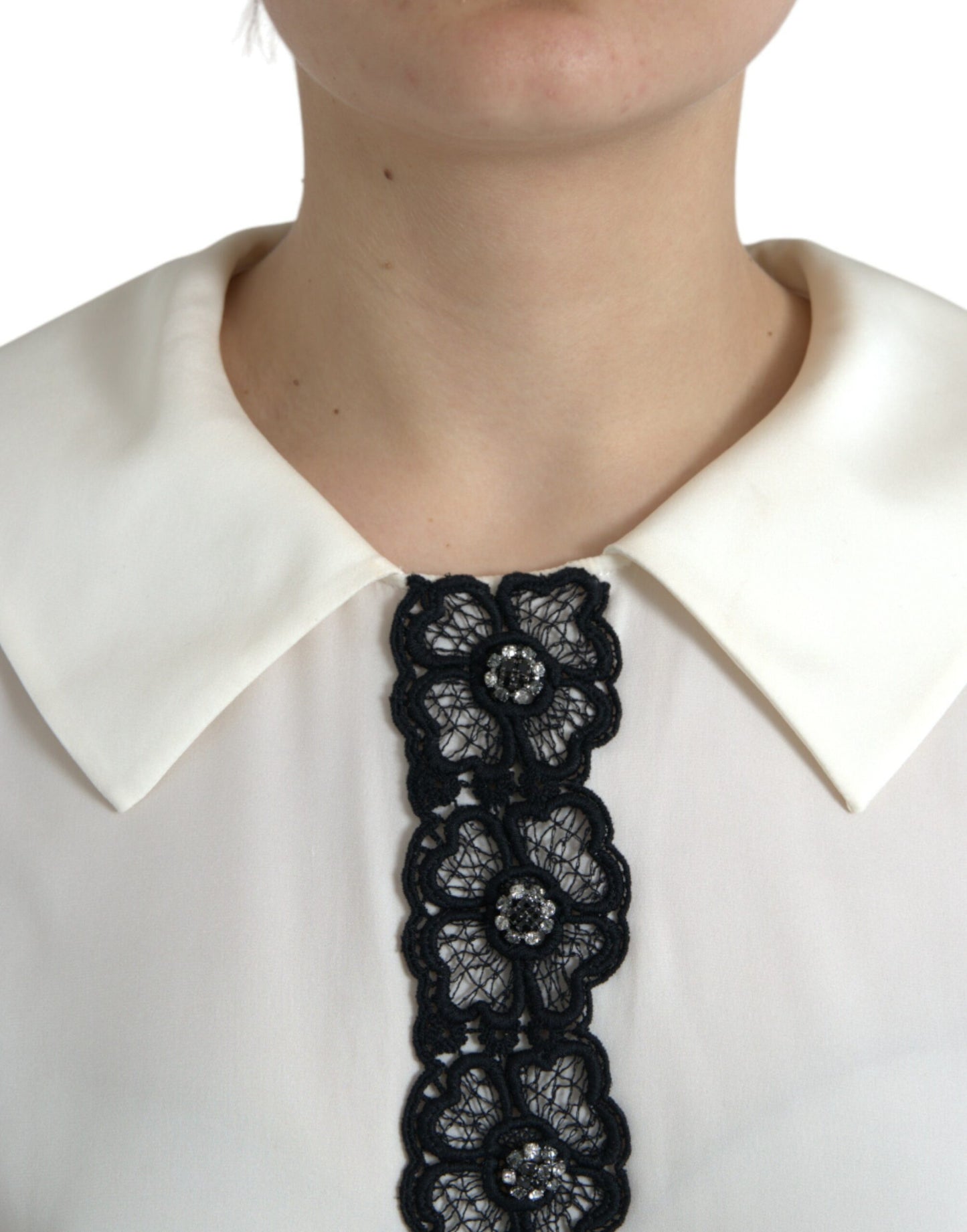 Dolce & Gabbana Off White Sidentopp med Spetskant och Korta Ärmar