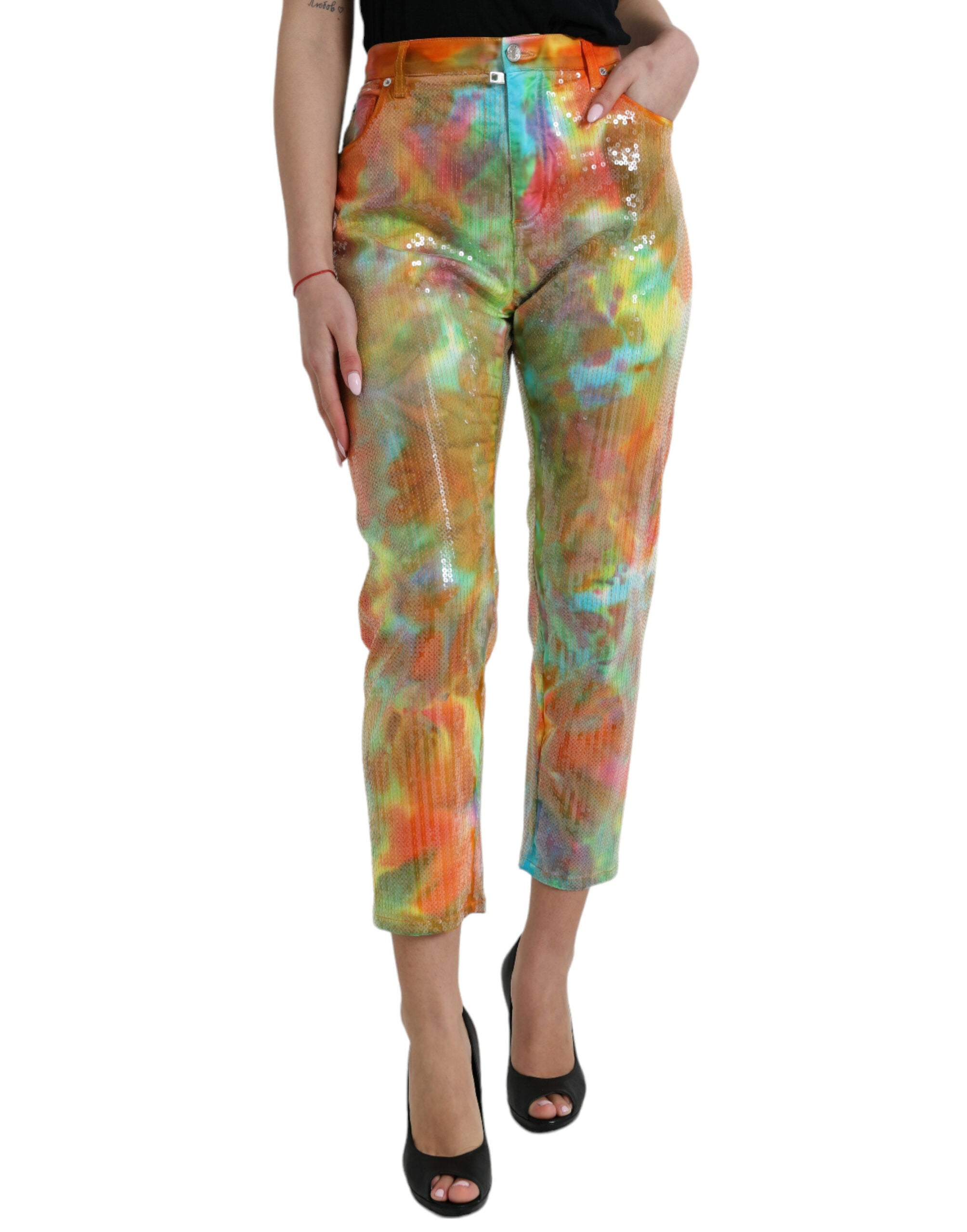 Flerfärgade tie dye paljettprydda högmidjade croppade byxor