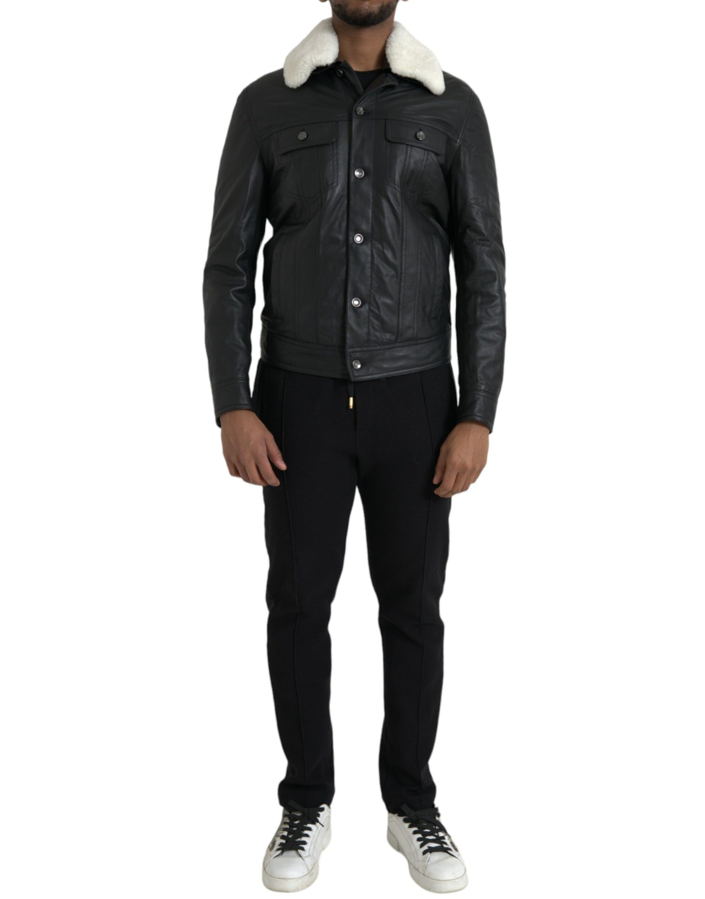 Dolce & Gabbana Svart Läderjacka med Pälskrage
