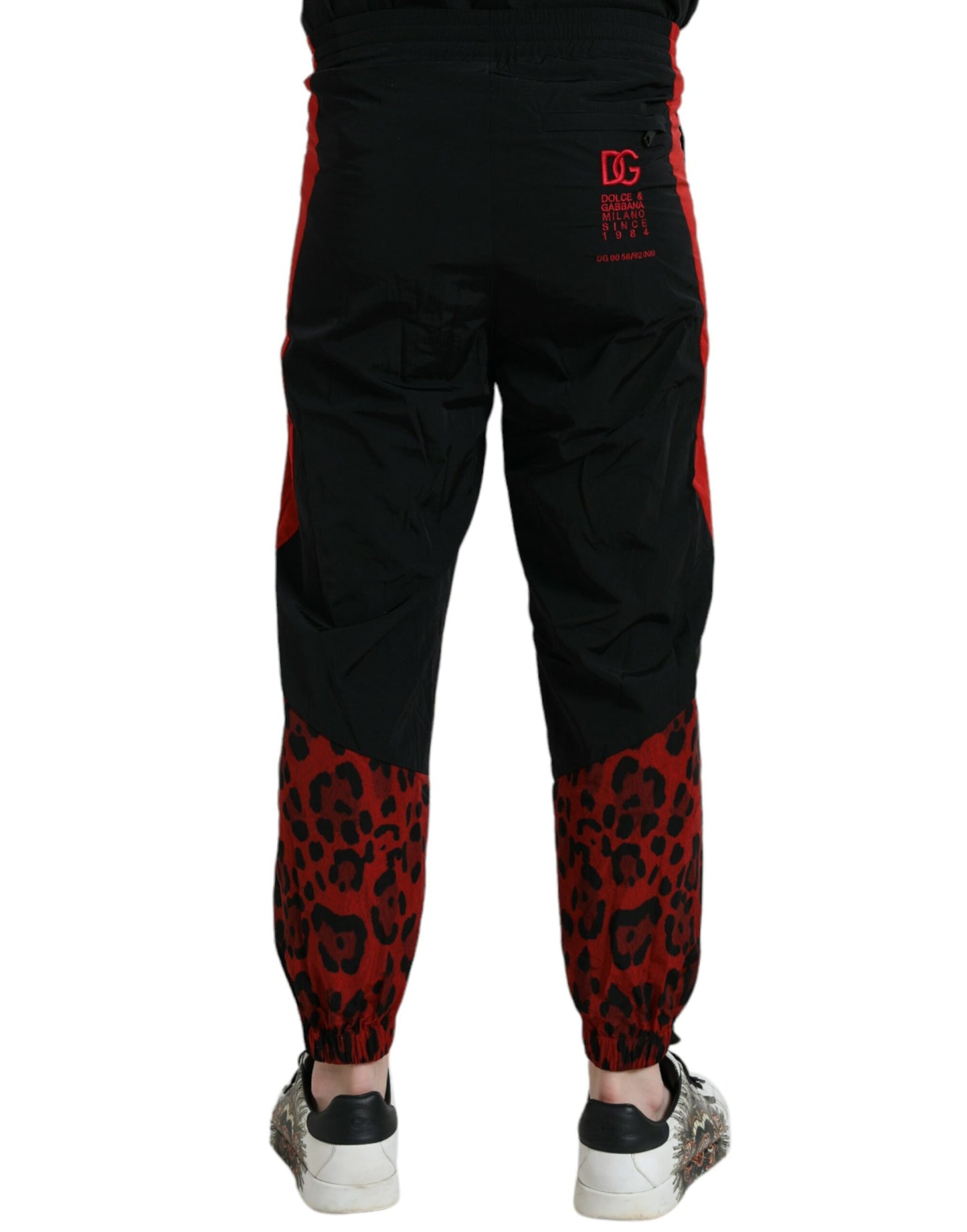 Dolce & Gabbana Svarte Røde Leopardprint Nylon Joggebukser