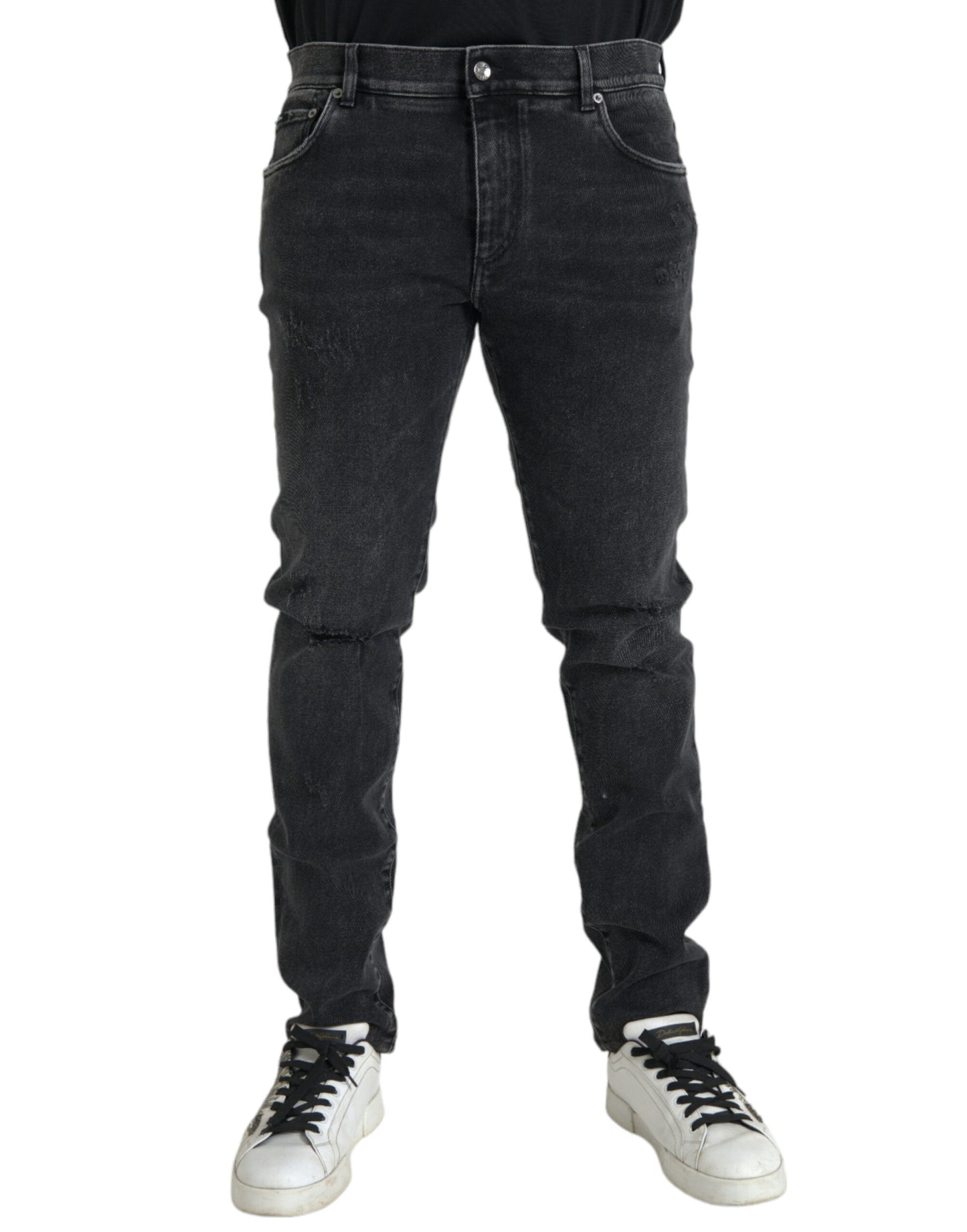 Dolce & Gabbana Grå Bomullsstretch Skinny Denim Jeans Med Logotyp