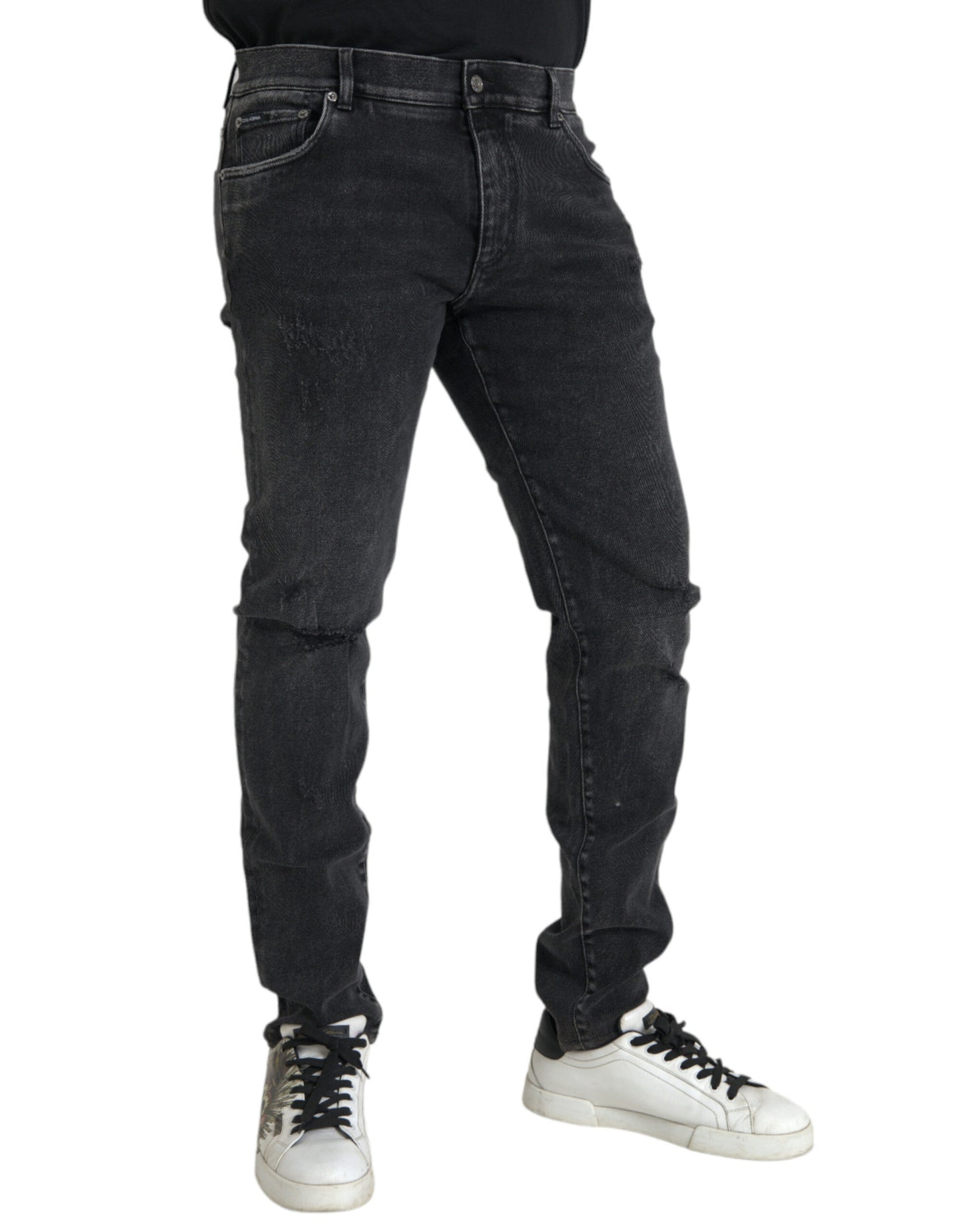 Dolce & Gabbana Grå Bomullsstretch Skinny Denim Jeans Med Logotyp