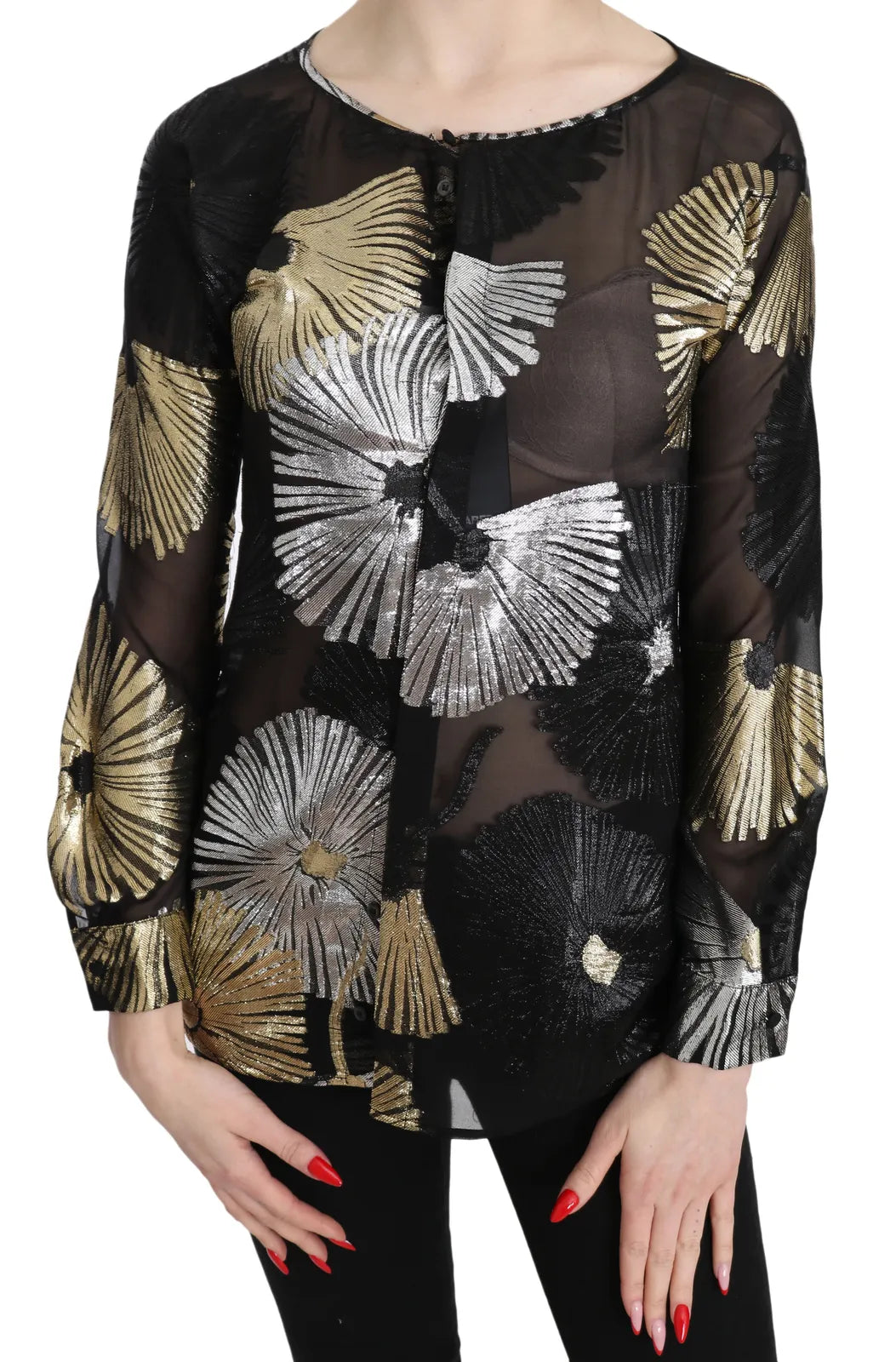 Dsquared² Guld Silver Siden Jacquard Genomskinlig Blus