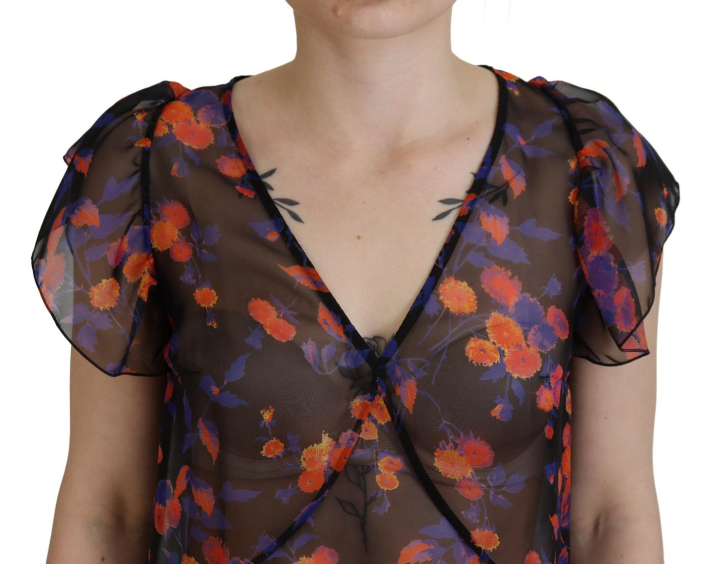 Dsquared² Svart Blommigt Mönster Kortärmad Blus Med V-ringning