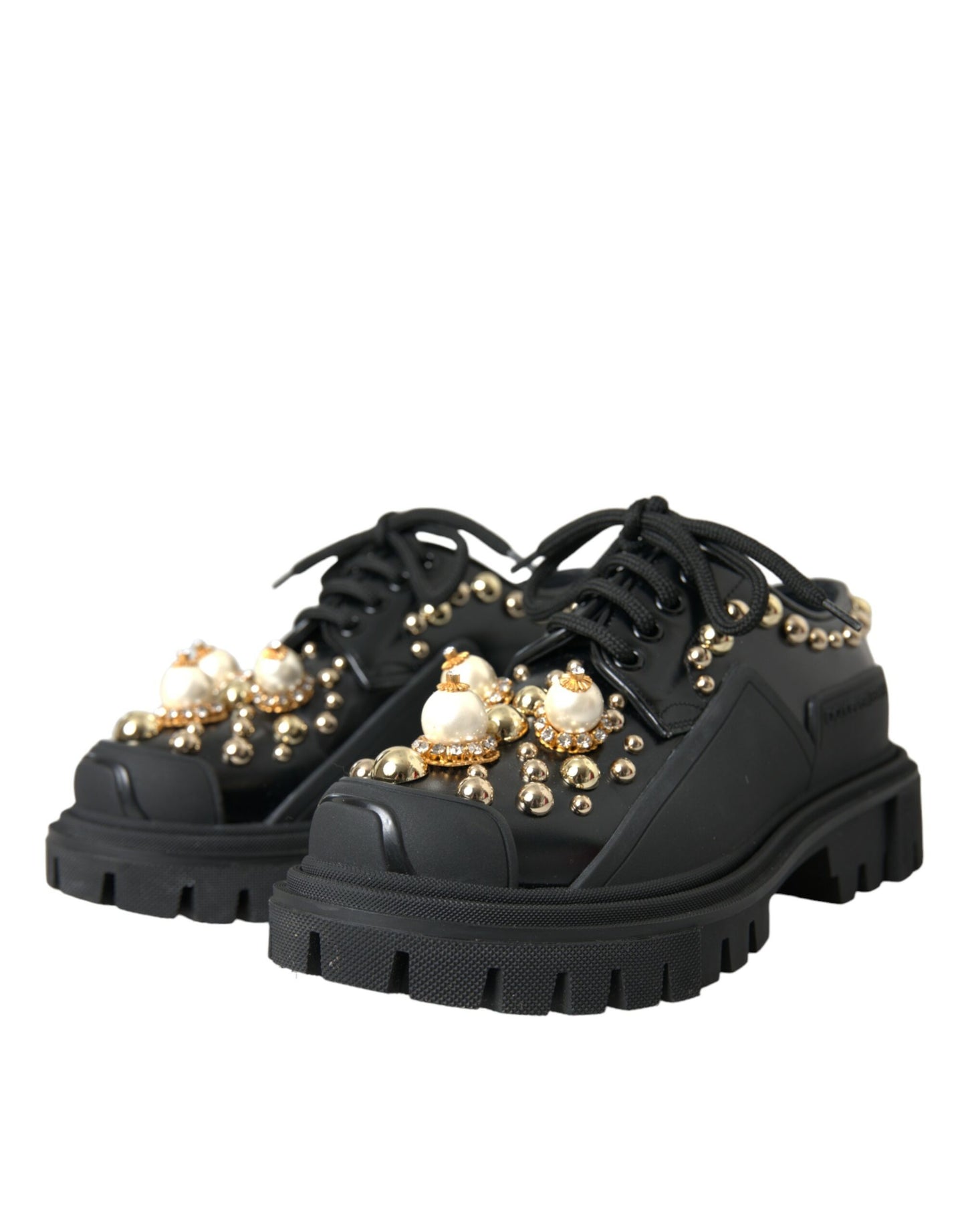 Dolce & Gabbana Svarta Läder Vandring Derby Utsmyckade Skor