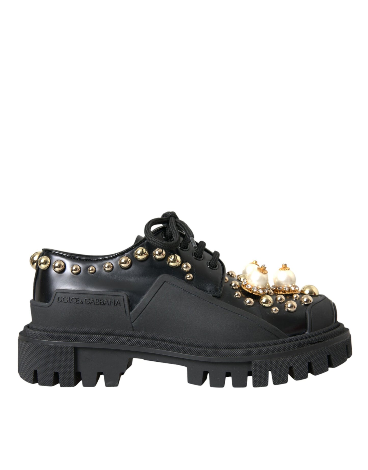 Dolce & Gabbana Svarta Läder Vandring Derby Utsmyckade Skor