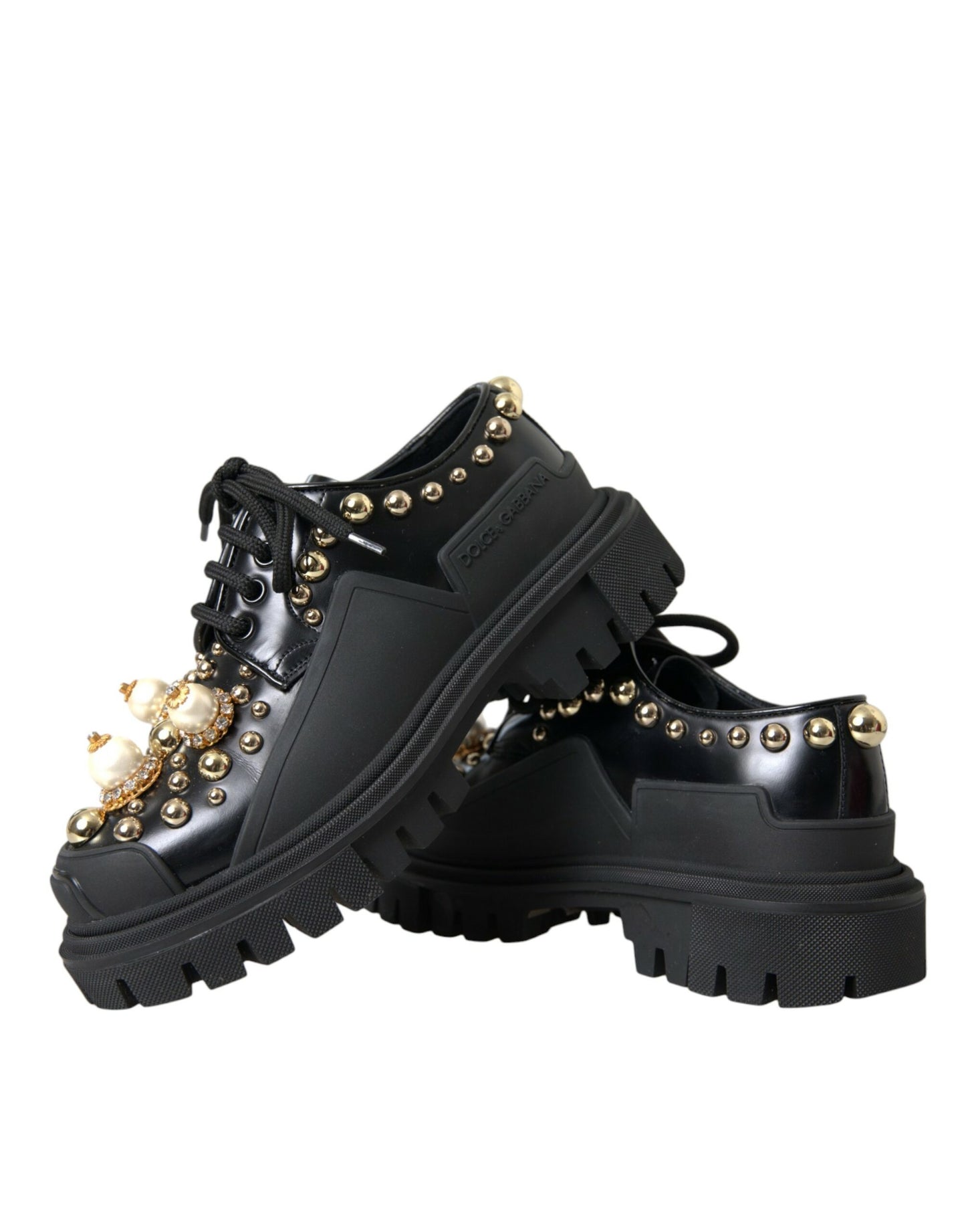Dolce & Gabbana Svarta Läder Vandring Derby Utsmyckade Skor