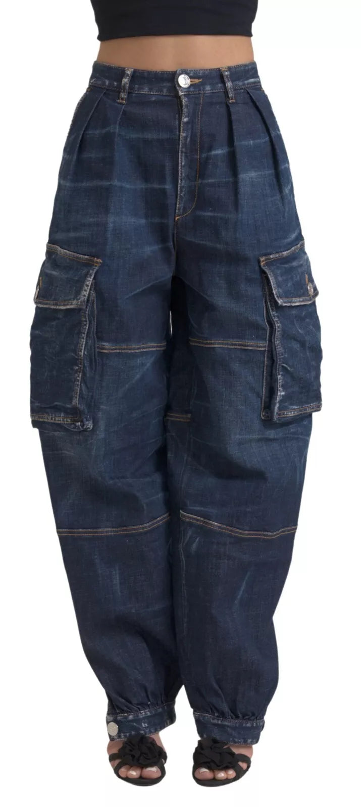 Blåa högmidjade bomullscargo-jeans med baggy-mönster