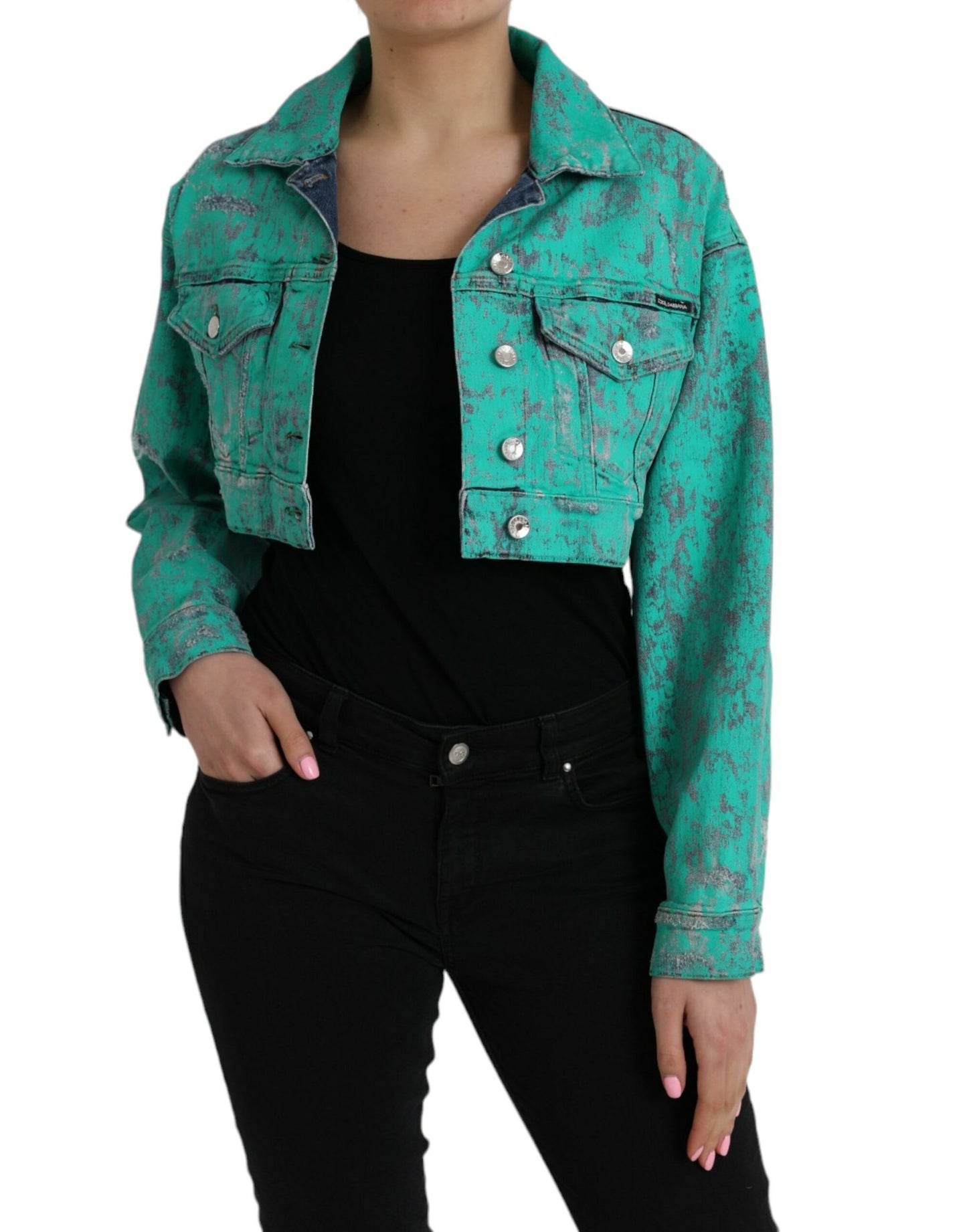 Dolce & Gabbana Grønn Bomull Tie Dye Cropped Cropped Denimjakke