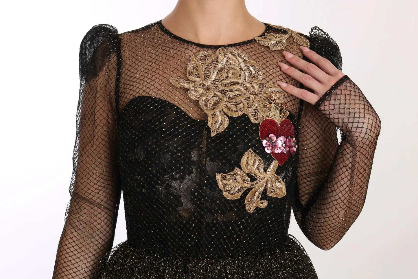 Dolce & Gabbana Svartguld Kristallhjärtad A-linjeklänning