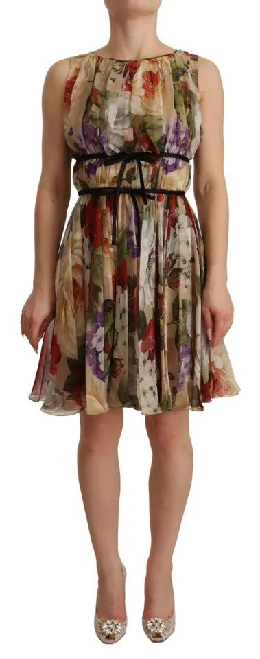Dolce & Gabbana Beige Blommig Ärmlös Miniklänning Rund Halsringning