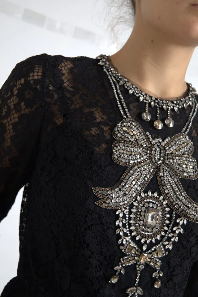 Dolce & Gabbana Svart Nylon Spetsutsmyckad Slidklänning