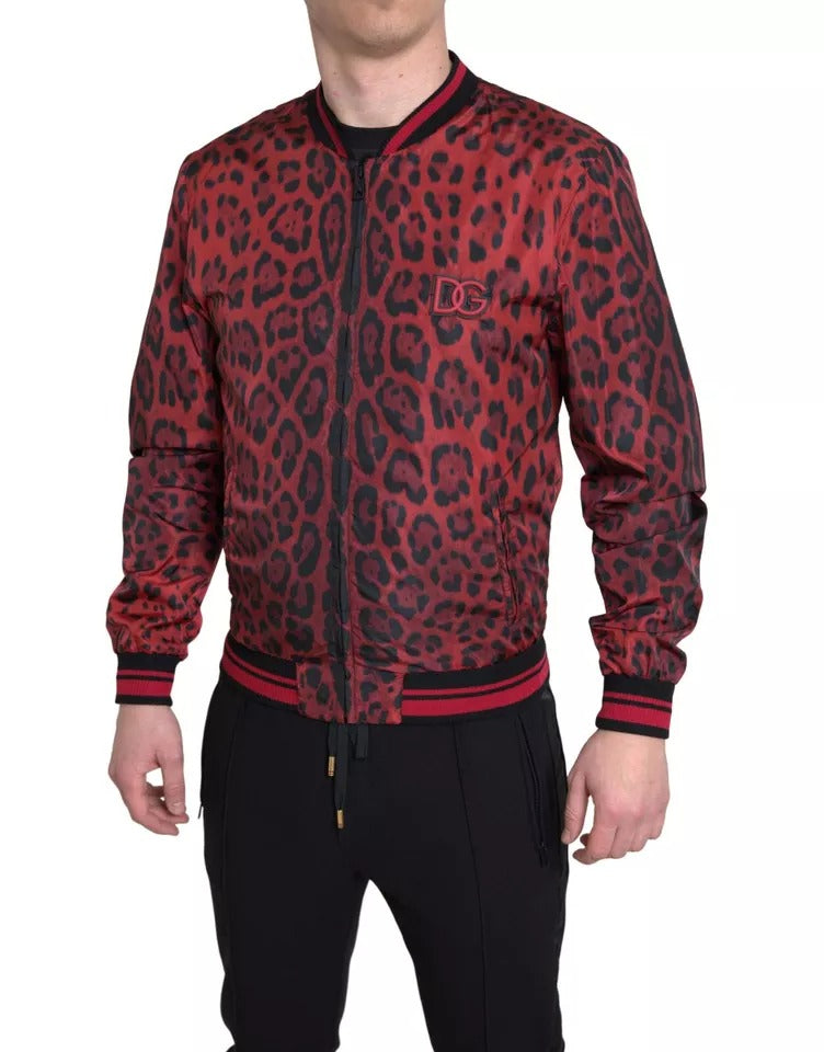 Dolce & Gabbana Röd Leopard Bomber Kort Kappa