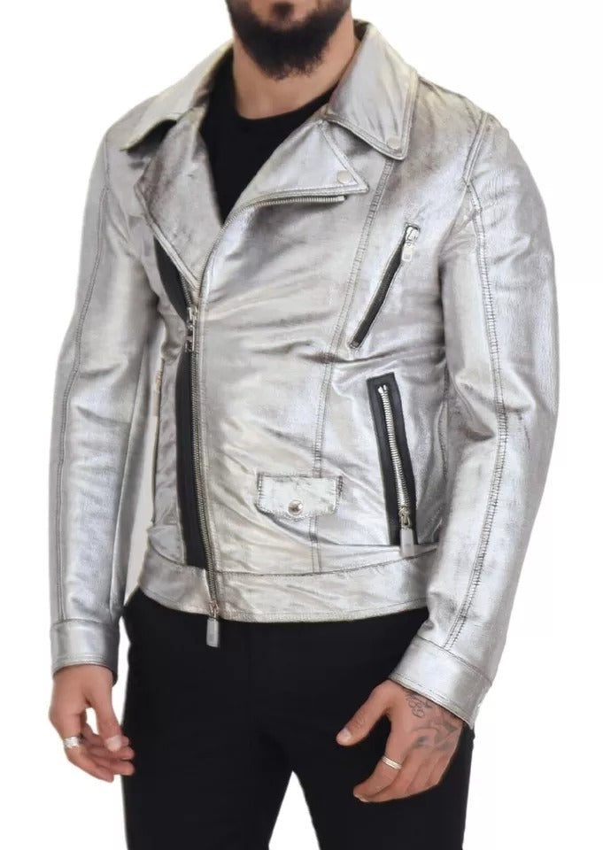 Dolce & Gabbana Silverfärgad Läderbikerkappa Lammskinnsjacka