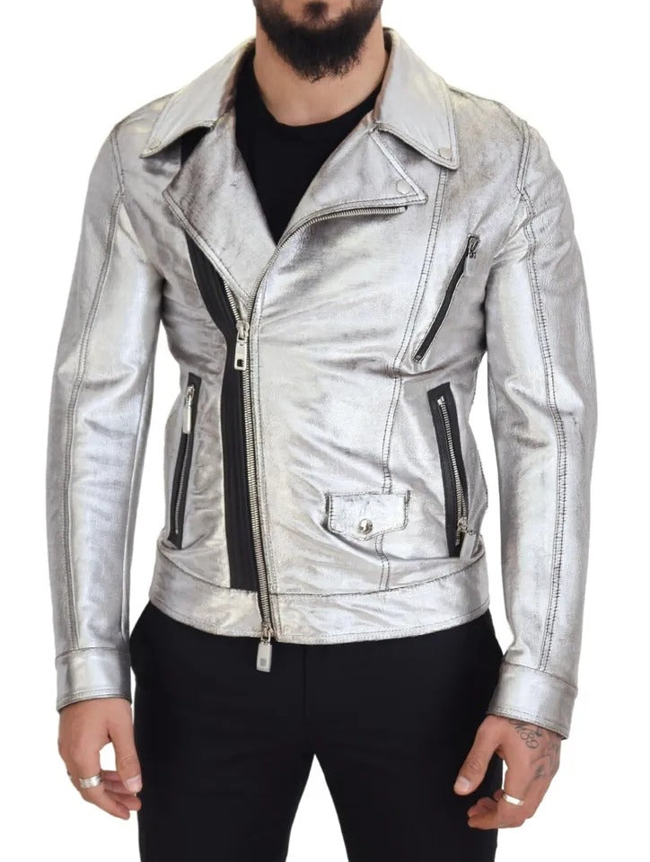 Dolce & Gabbana Silverfärgad Läderbikerkappa Lammskinnsjacka