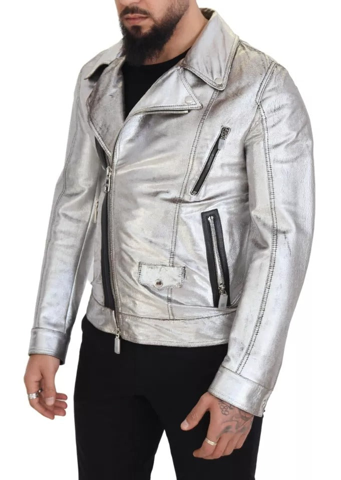 Dolce & Gabbana Silverfärgad Läderbikerkappa Lammskinnsjacka