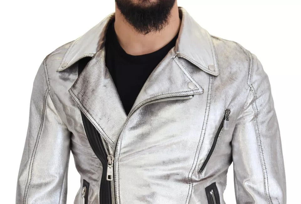 Dolce & Gabbana Silverfärgad Läderbikerkappa Lammskinnsjacka