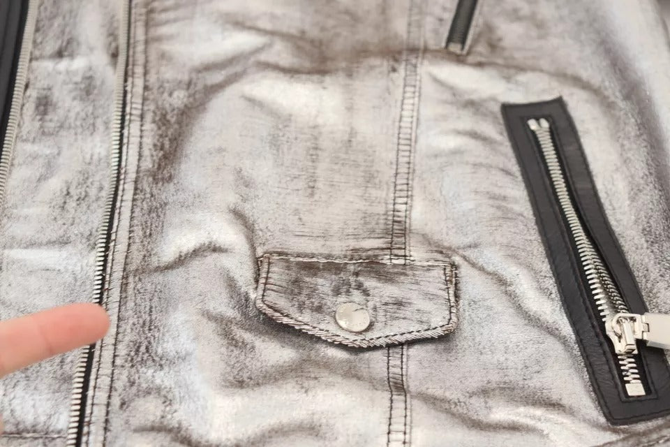 Dolce & Gabbana Silverfärgad Läderbikerkappa Lammskinnsjacka
