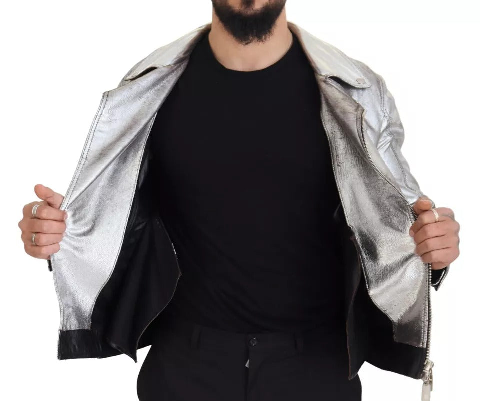 Dolce & Gabbana Silverfärgad Läderbikerkappa Lammskinnsjacka