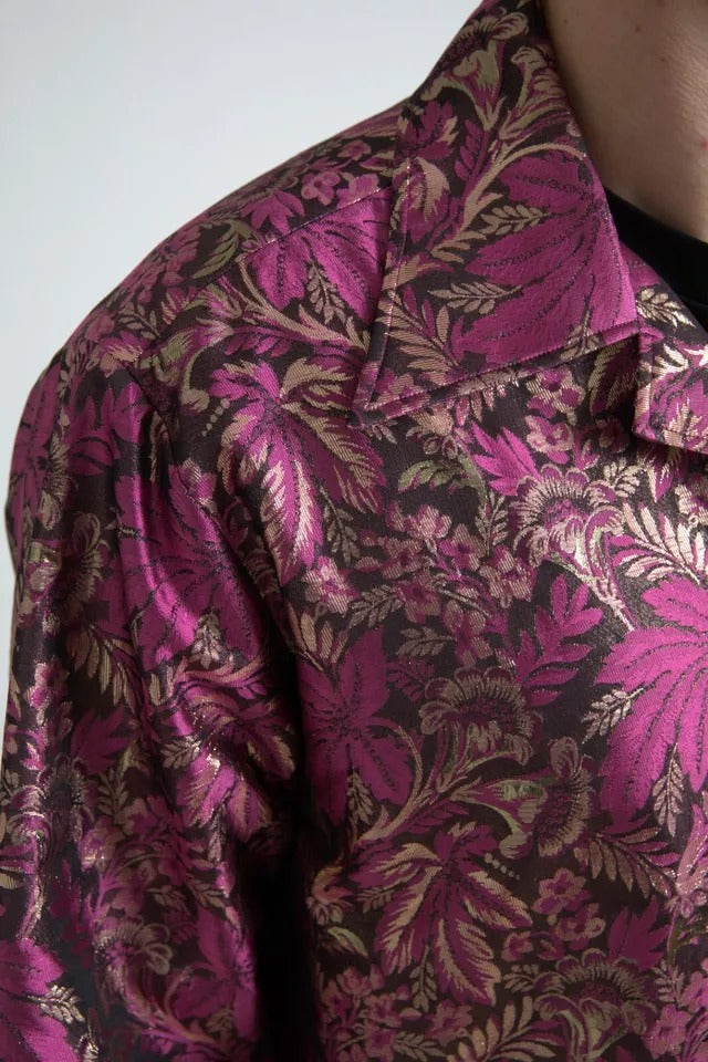 Dolce & Gabbana Fuchsia Rosa Blommig Jacquard Skjorta med Knappar