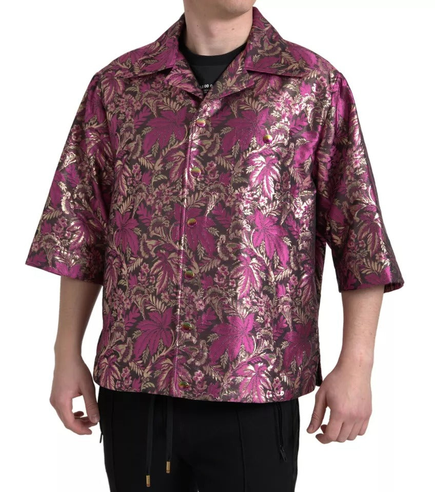 Dolce & Gabbana Fuchsia Rosa Blommig Jacquard Skjorta med Knappar