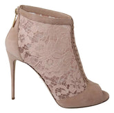 Dolce & Gabbana Beige Lace Suede Peep Toe Ankle Boots Shoes