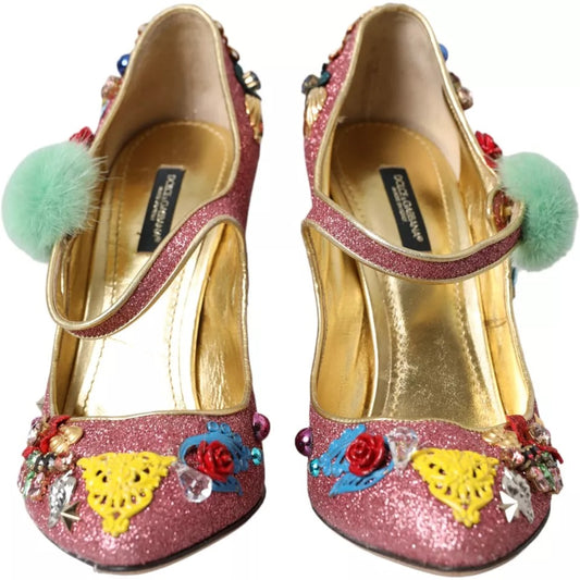 Dolce & Gabbana Rosa Utsmykkede Pels Mary Jane Pumps Sko