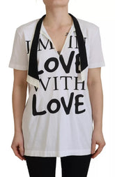 Dolce & Gabbana White Cotton Printed Ascot Collared T-shirt