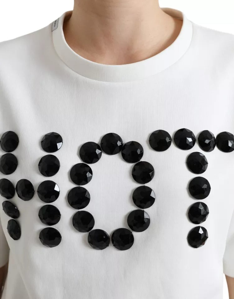 Dolce & Gabbana Vit Bomull Stretchig Svart HOT Kristall T-shirt