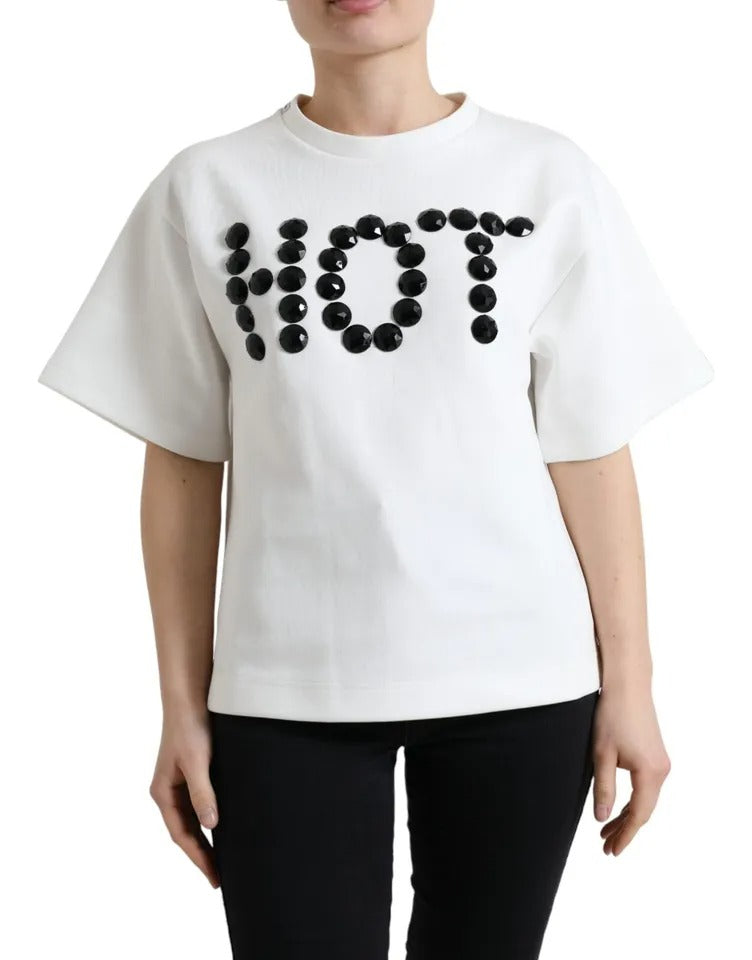 Dolce & Gabbana Vit Bomull Stretchig Svart HOT Kristall T-shirt