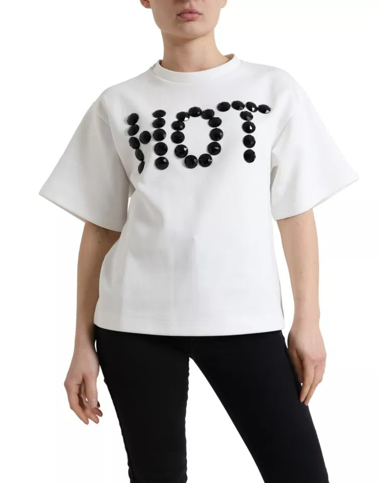 Dolce & Gabbana Vit Bomull Stretchig Svart HOT Kristall T-shirt