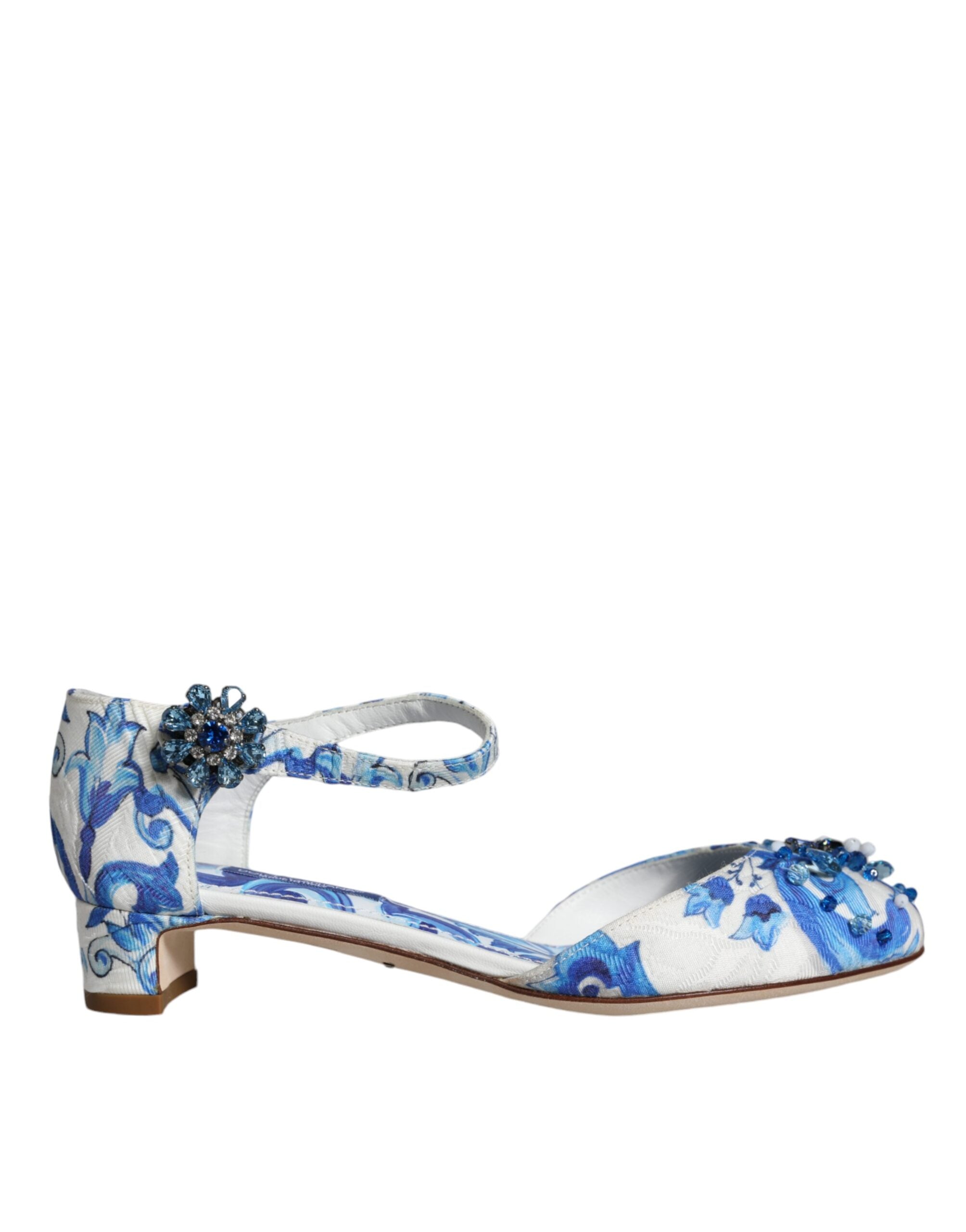 Hvite Blå Majolica-Mønster Ankelrem Sandaler Sko