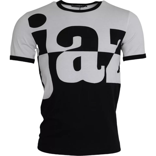 Dolce & Gabbana Svartvit Jazzmönstrad Bomulls-T-shirt med Korta Ärmar