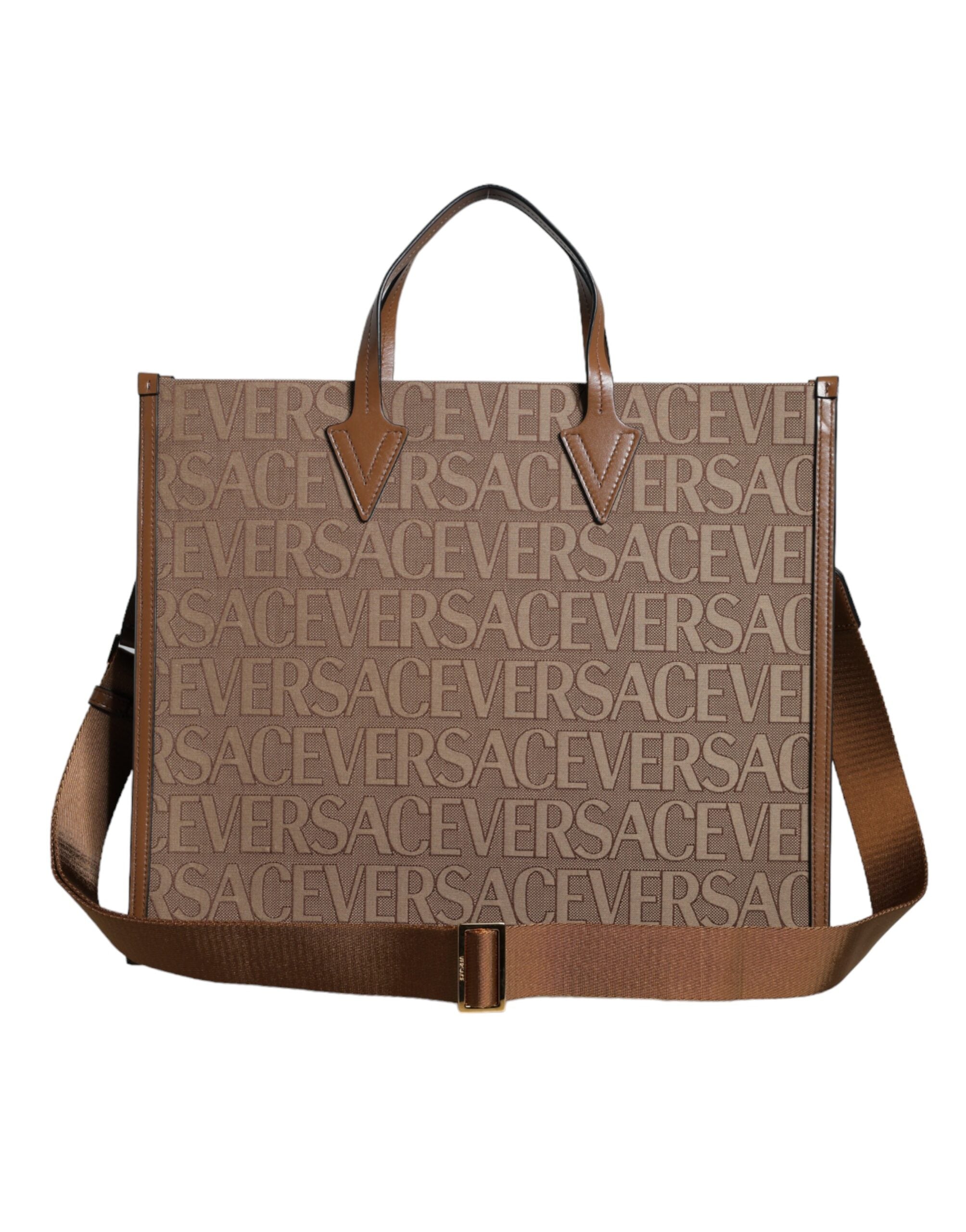 Brun crossbody-veske i jacquard-skinn med topphåndtak og logo