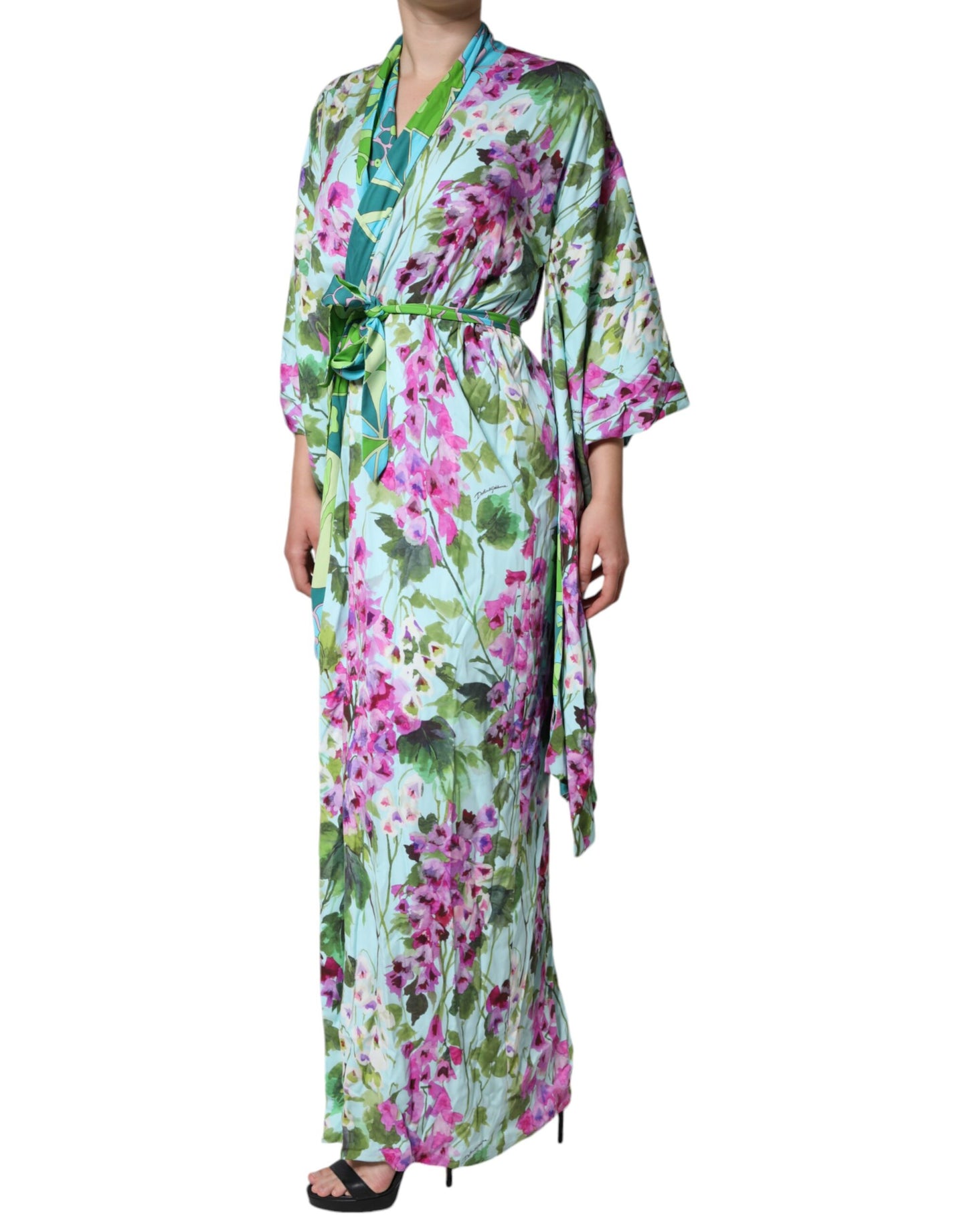 Dolce & Gabbana Flerfärgad Blommig Sidenklänning i Stretchig Silk Wrap